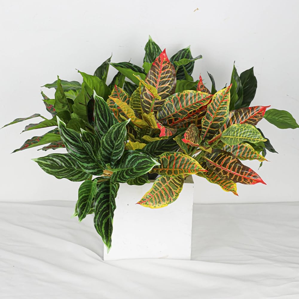 Shirfloral 4Pcs Croton Artificial Plant with Colorful Leaves Lifelike Tropica…