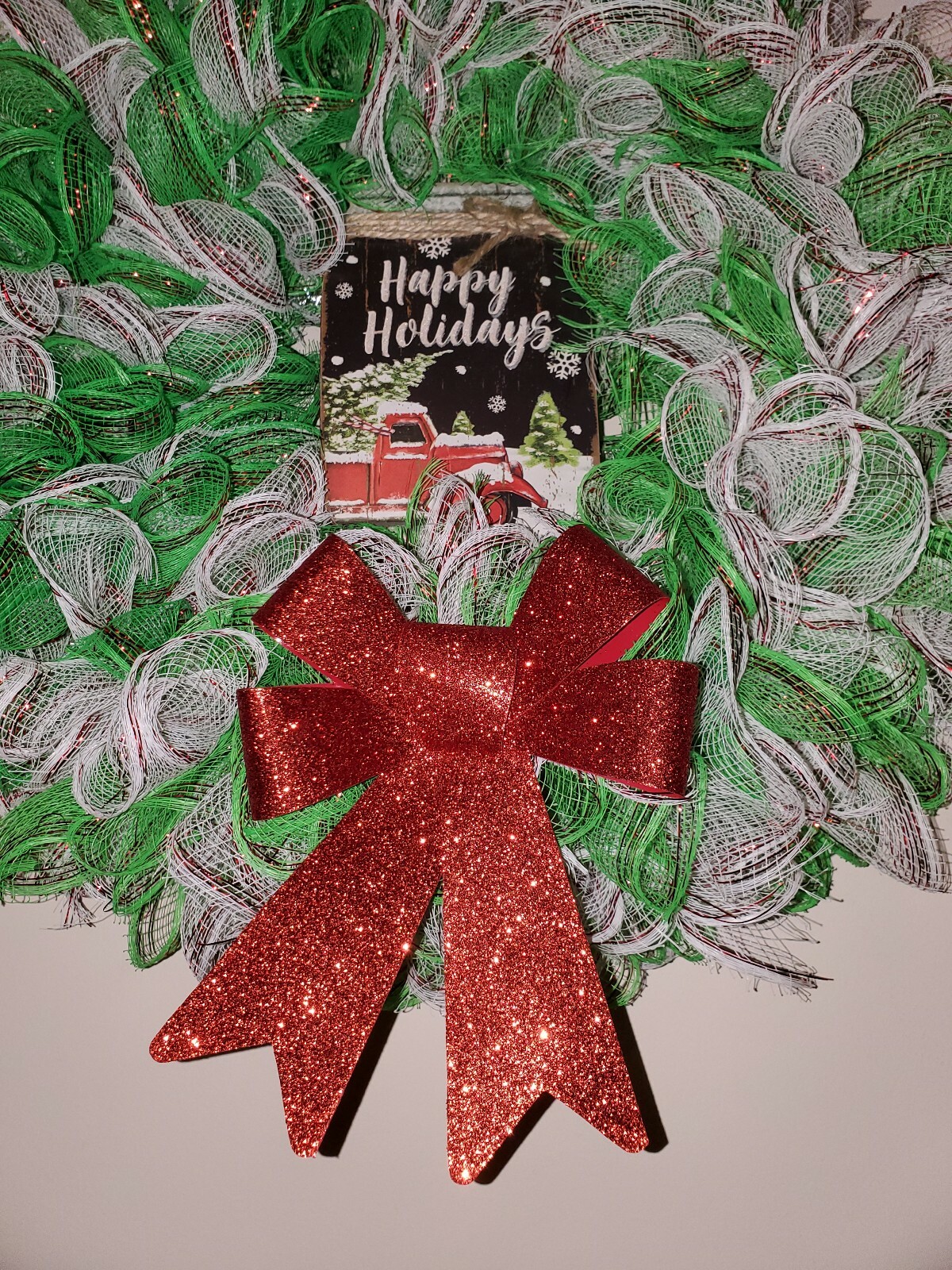 HAPPY HOLIDAYS green white Deco Mesh Front Door Wreath Wall Decoration CHRISTMAS