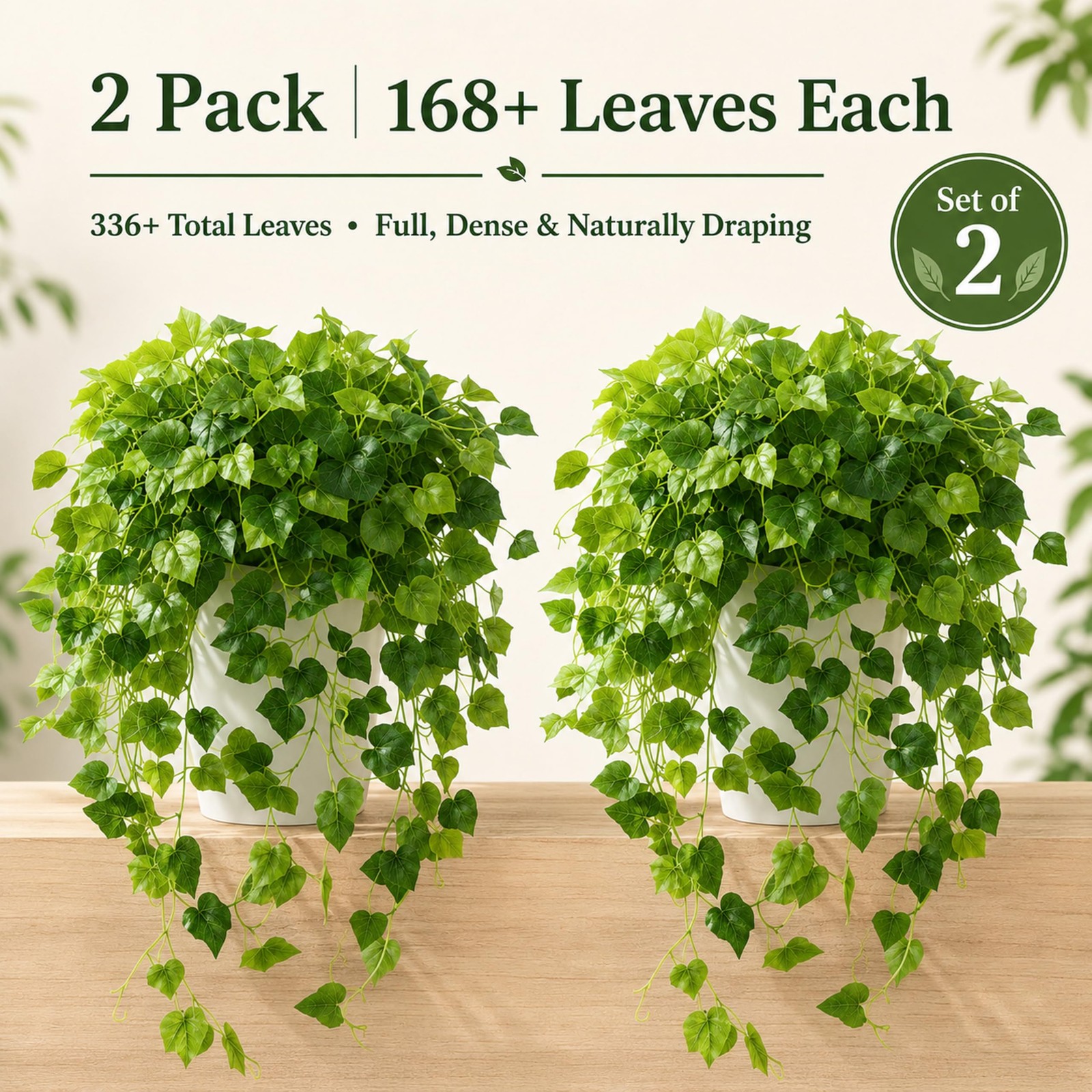 36″ Faux Hanging Ivy Plants in White Pots, 2 Pack Fake Pothos Artificial Hang…