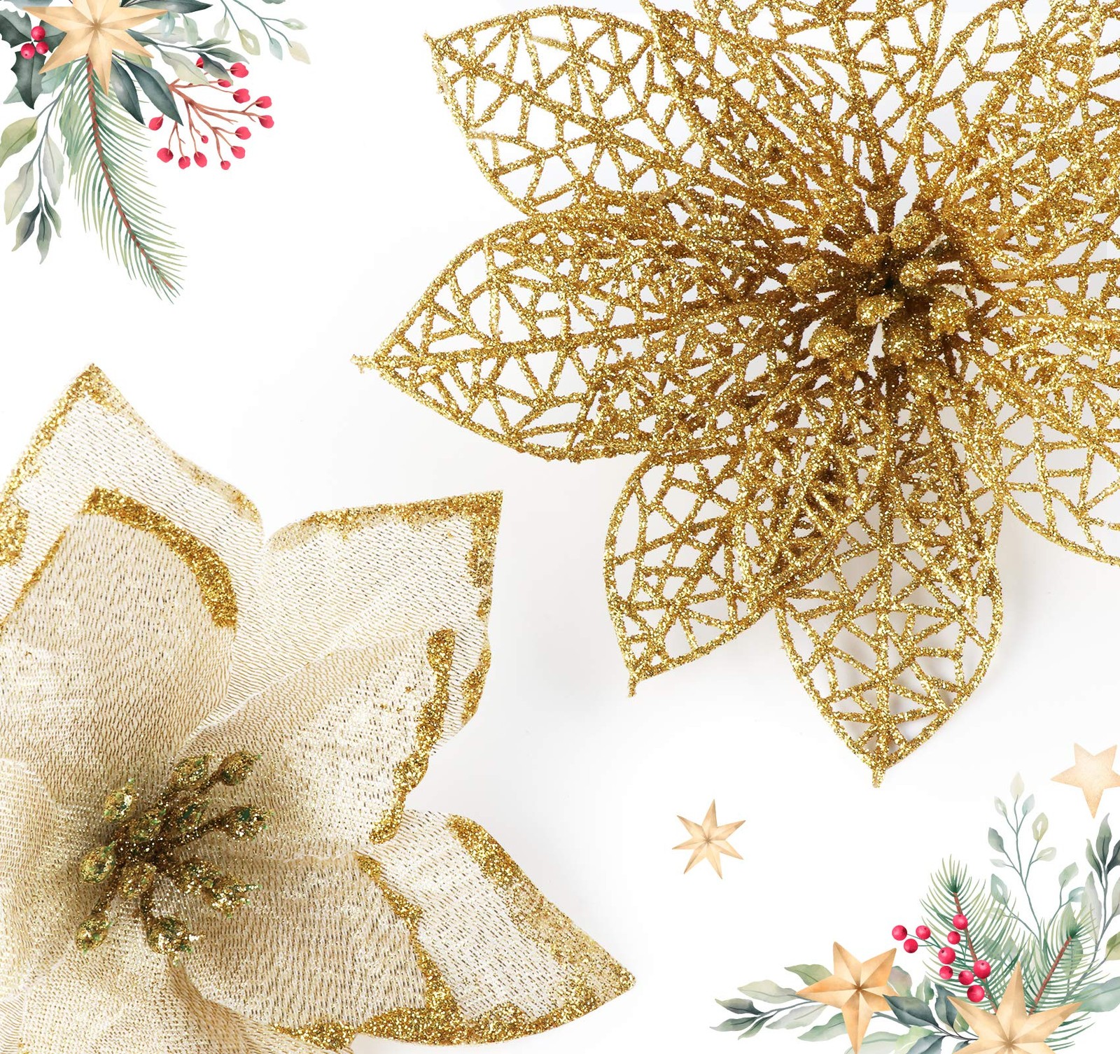 24 PCS Gold Poinsettias 6 Inch Glitter Artificial Christmas Flowers 30 Clips