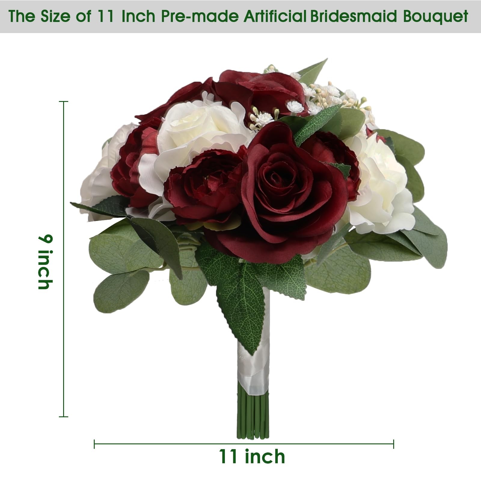 Burgundy White Silk Rose Peony Bridesmaid Bouquets Wedding Decor 11″ 2 PCS