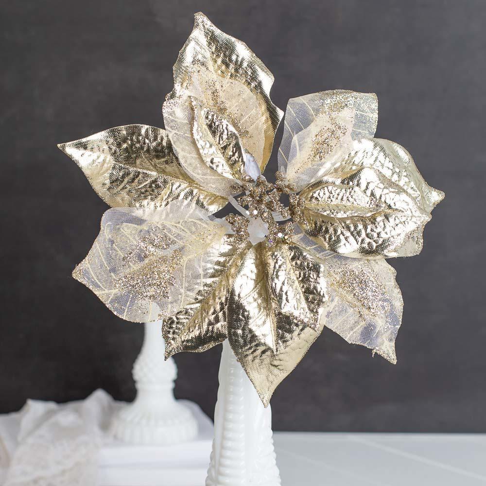 Set of 2 Shimmery Gold Artificial Poinsettia 10″ Floral Stems