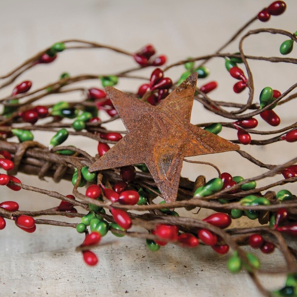 40″ Pip Berry Garland w/ Rusty 2″ Stars – RED GREEN – Christmas Holiday