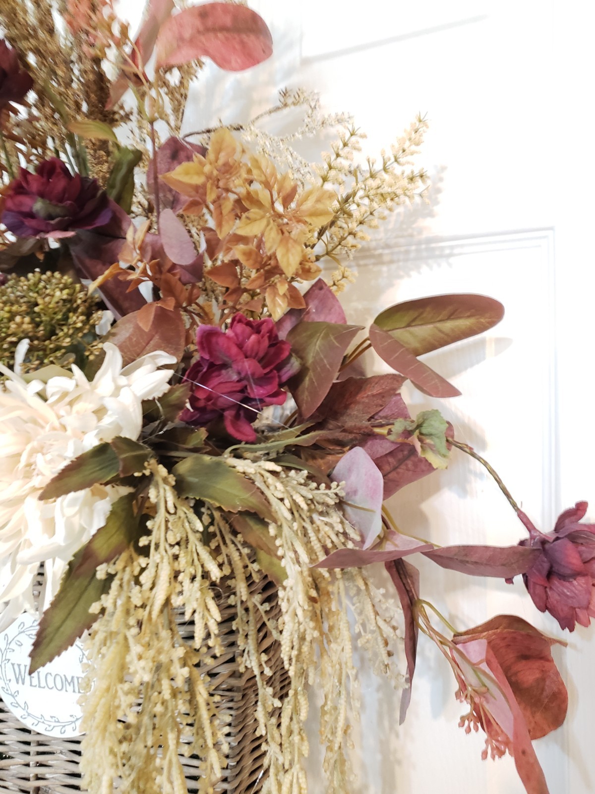 24″ Fall Wicker Wall Basket, Burgundy Cream Silk Floral Arrangement Autumn Porch