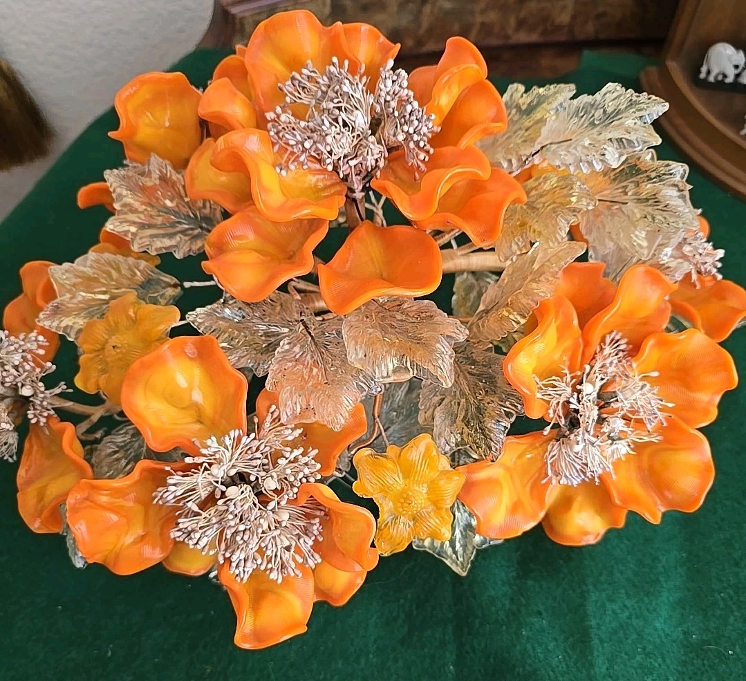 Art Glass Orange Flower Arrangement Peony Bonsai Tree Centerpiece Murano? Italy