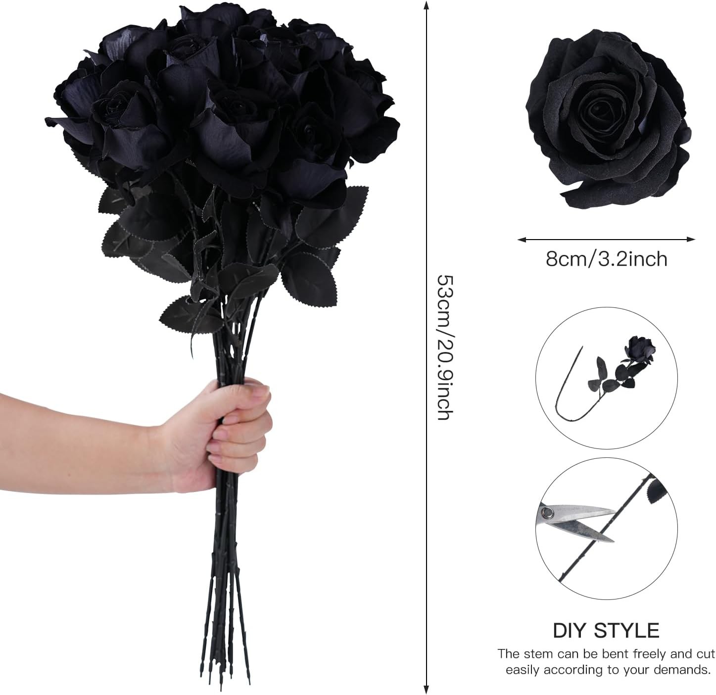 12 Pcs Black Roses Artificial Flowers with Long Stem, Faux Silk Rose Bouquet Rea