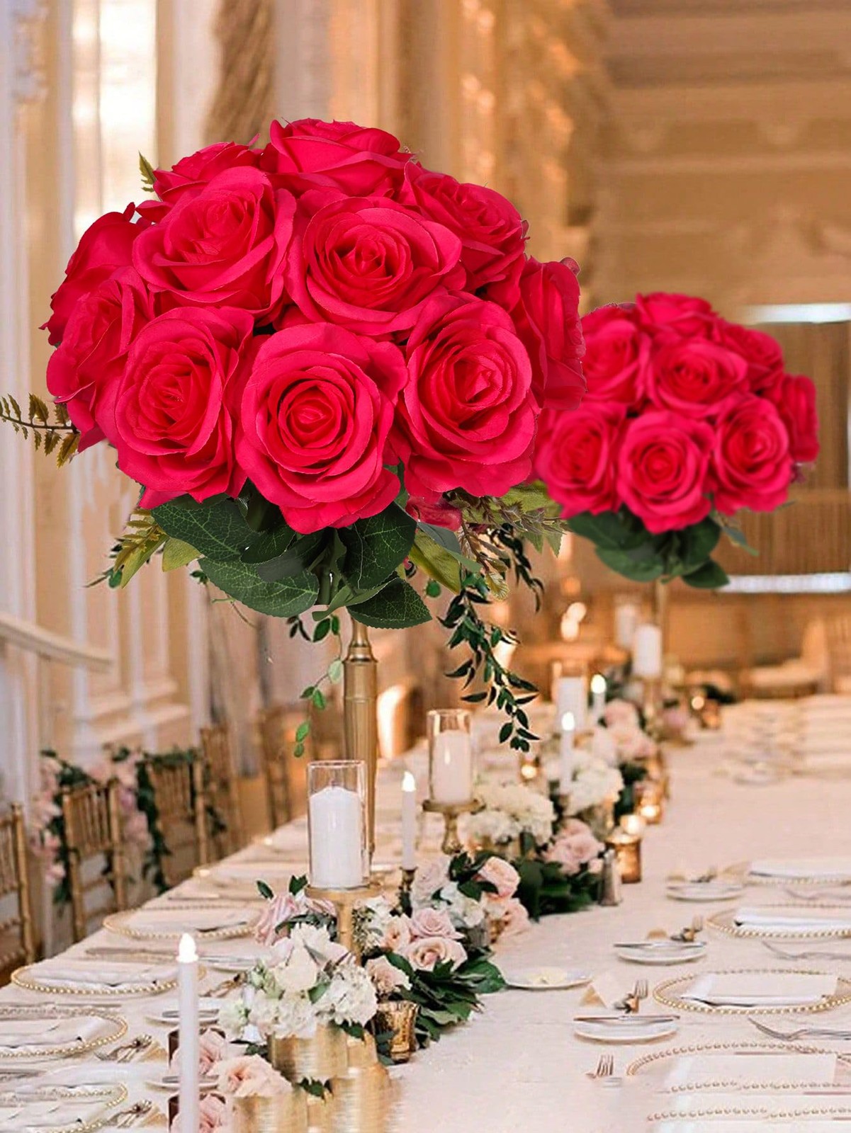 10Pcs Hot Pink Roses Artificial Flowers, Faux Silk Roses with 21.2″ Long Stem…