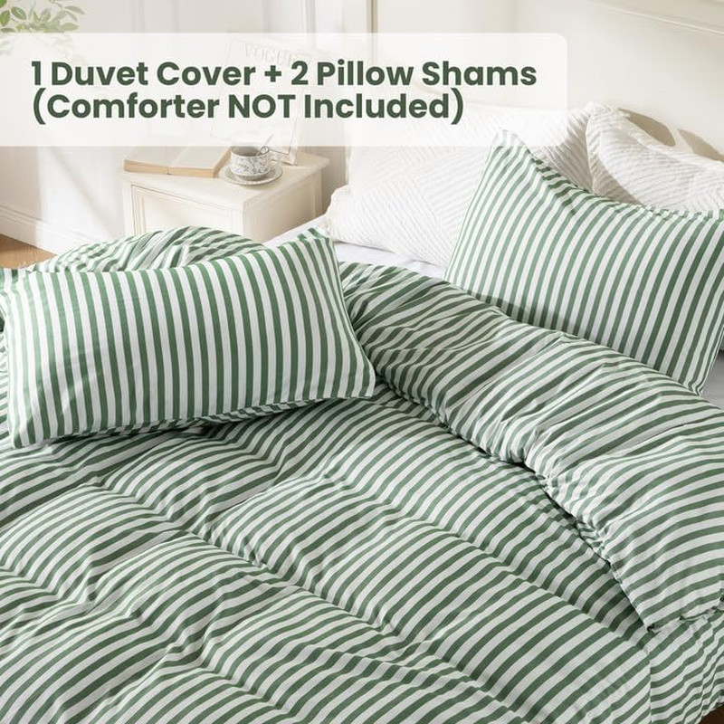 Soft Green Striped Queen Duvet Cover Set with Button Closure & Pillow Cases