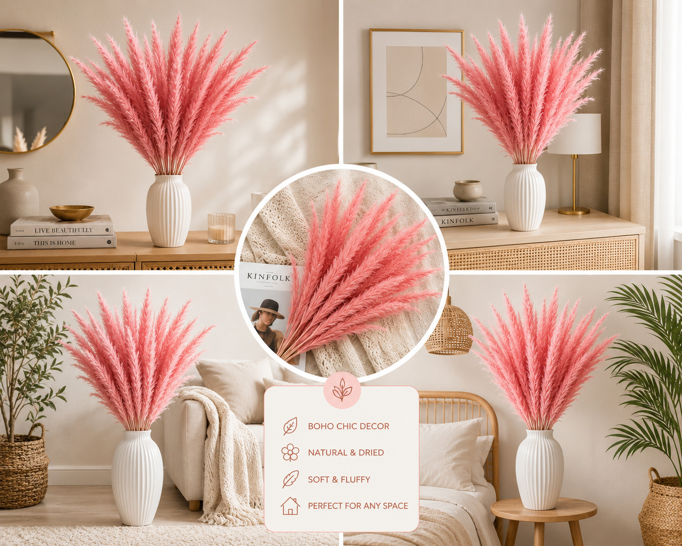 2 Pack Pink Pampas Grass 30 Stems Total 20-21″ Dried Boho Decor