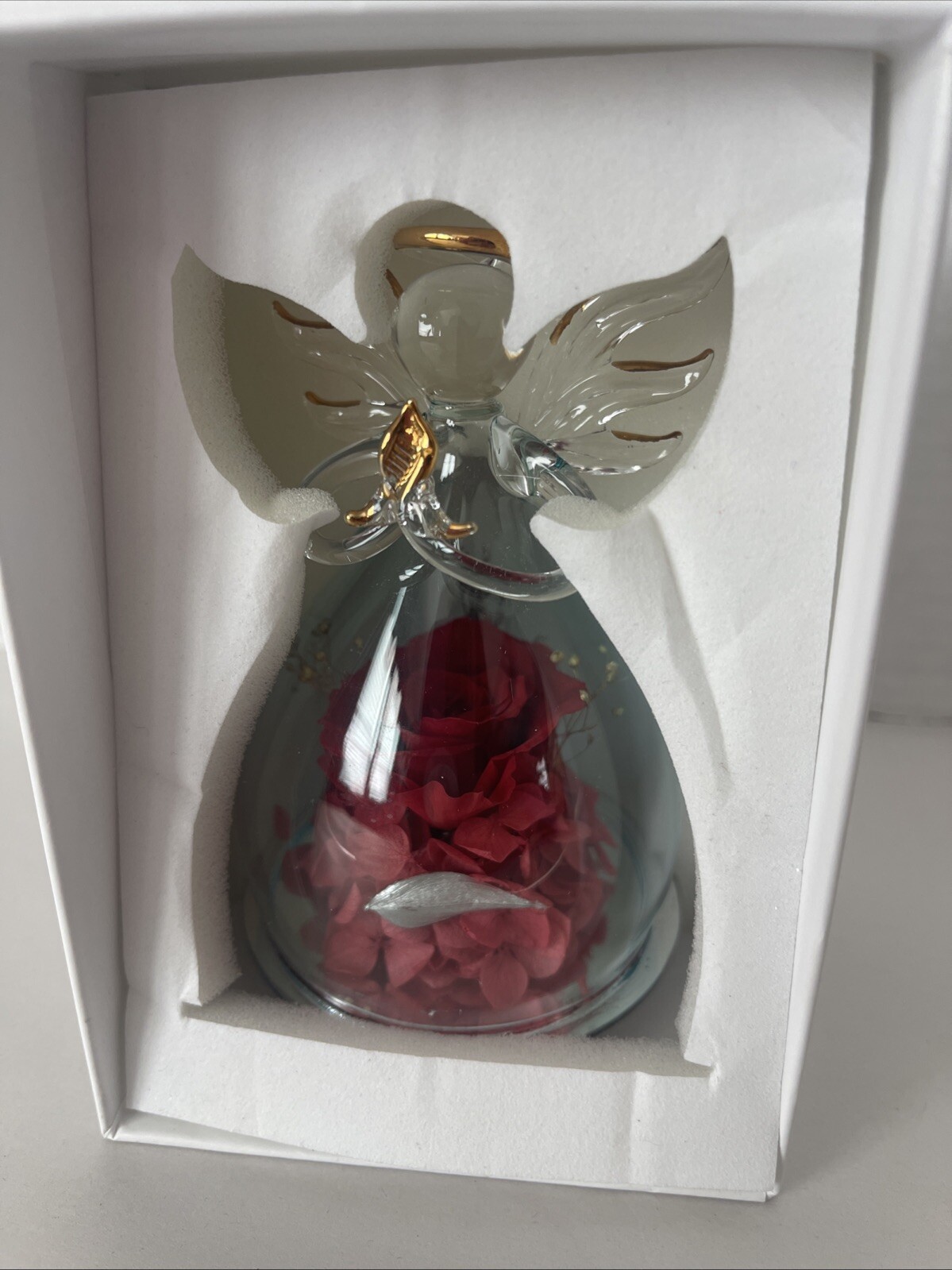 Angel Preserved Rose Real Red Flower Clear Glass Angel Anlunob Gifts 4.25”