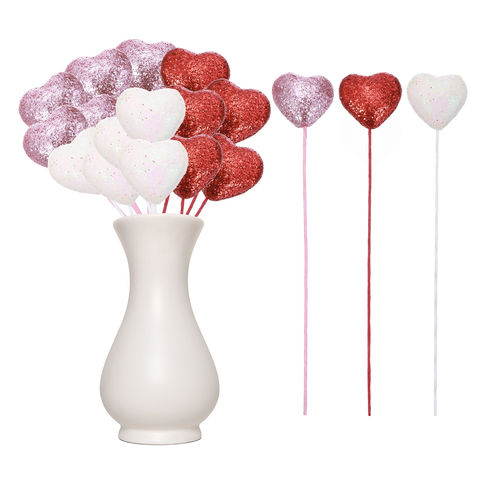 24 Pcs Glitter Heart Shaped Picks Foam Hearts Stick (Red/Pink/White, 4cm x 22cm)
