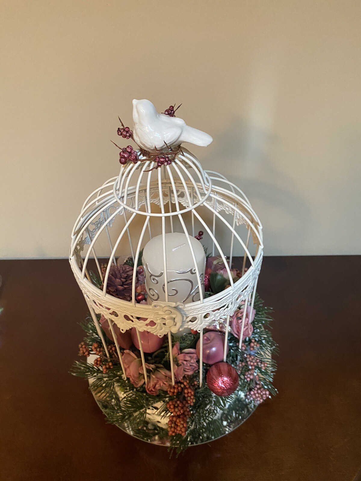 Vintage Christmas Birdcage with Pink Highlights & Pillar Candle