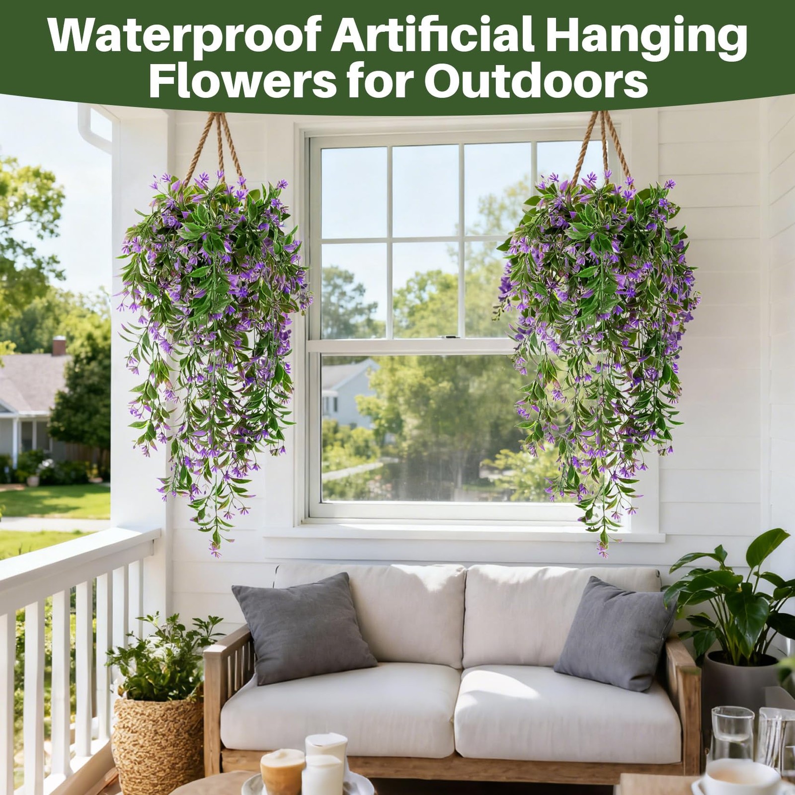 3PCS Artificial Hanging Flowers UV Resistant Ivy Vines 135 Purple Outdoors