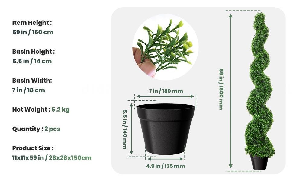 2PCS 5FT Artificial Boxwood Spiral Topiary Trees Rust-Resistant Faux Green Plan