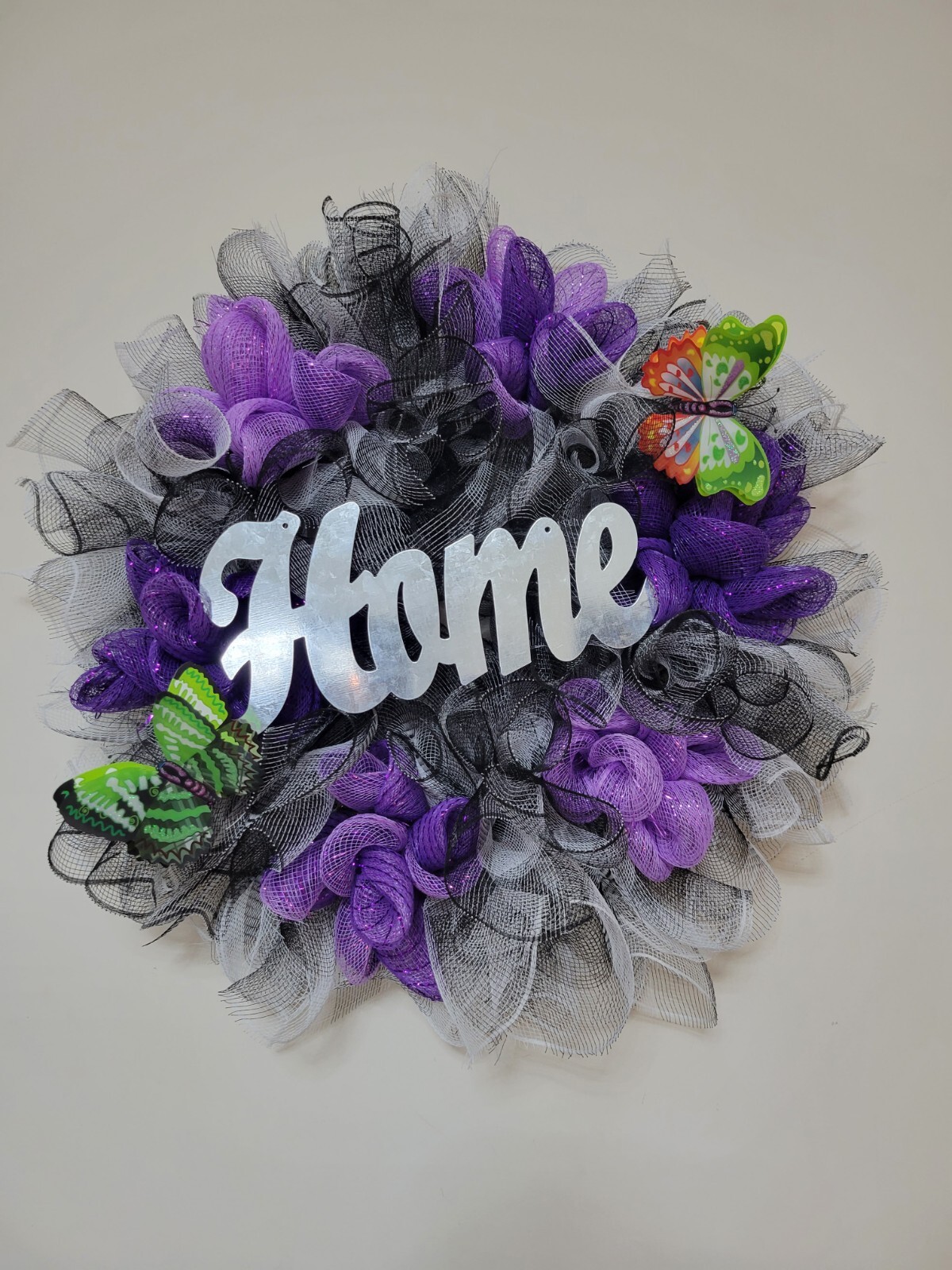 HOME black purple white Spring Summer Fall Wreath bunny Mesh Front Door Decor