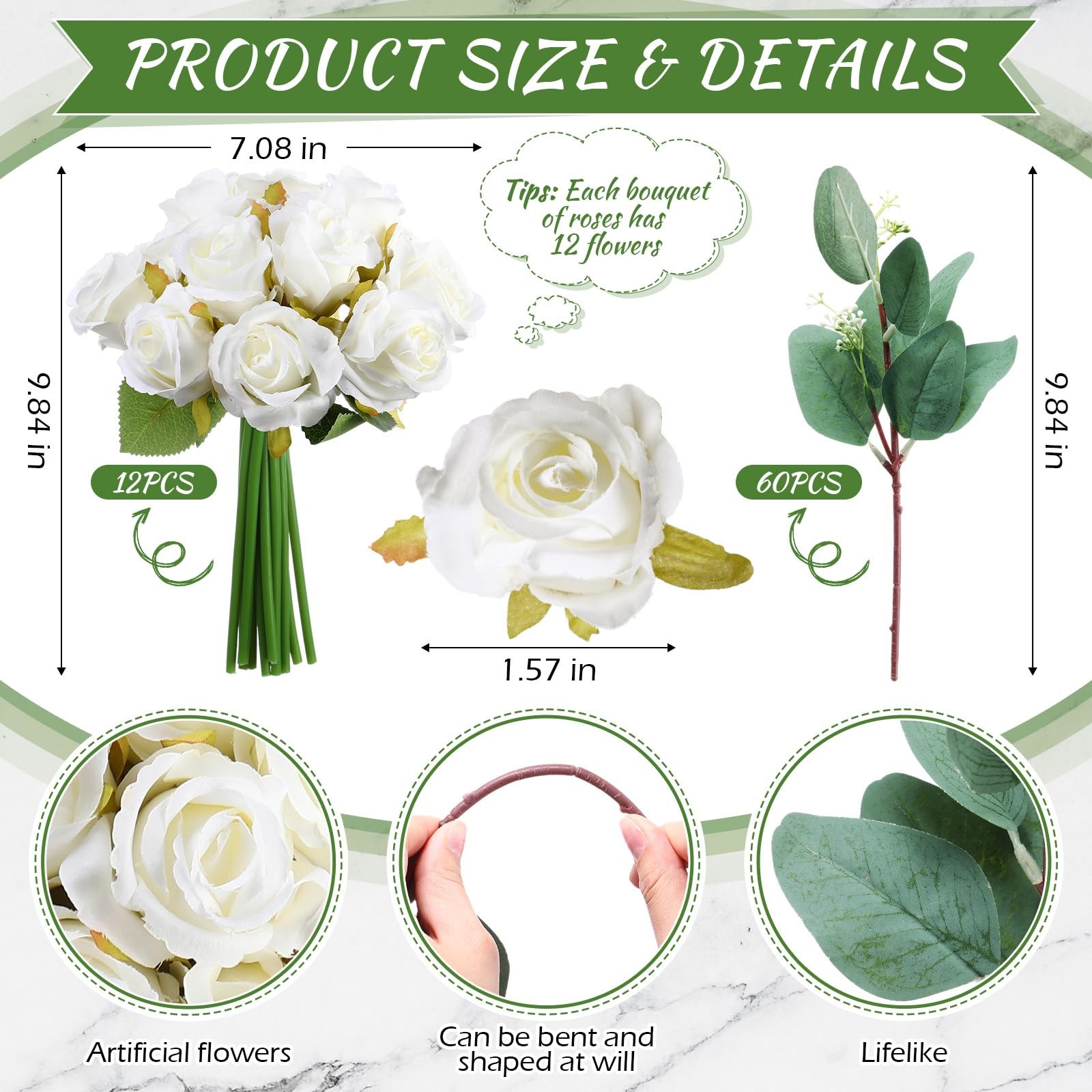 12 Pack Wedding Bridesmaids Bouquets 7 Inch Artificial Rose Bouquets Silk Flo…