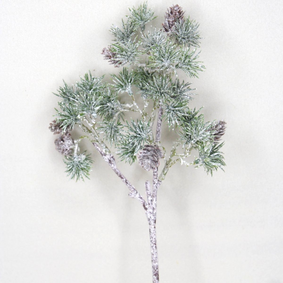 Frosted Pine 12″ Poly Artificial Spray w/Cones Lightly Silver Glitter Unique