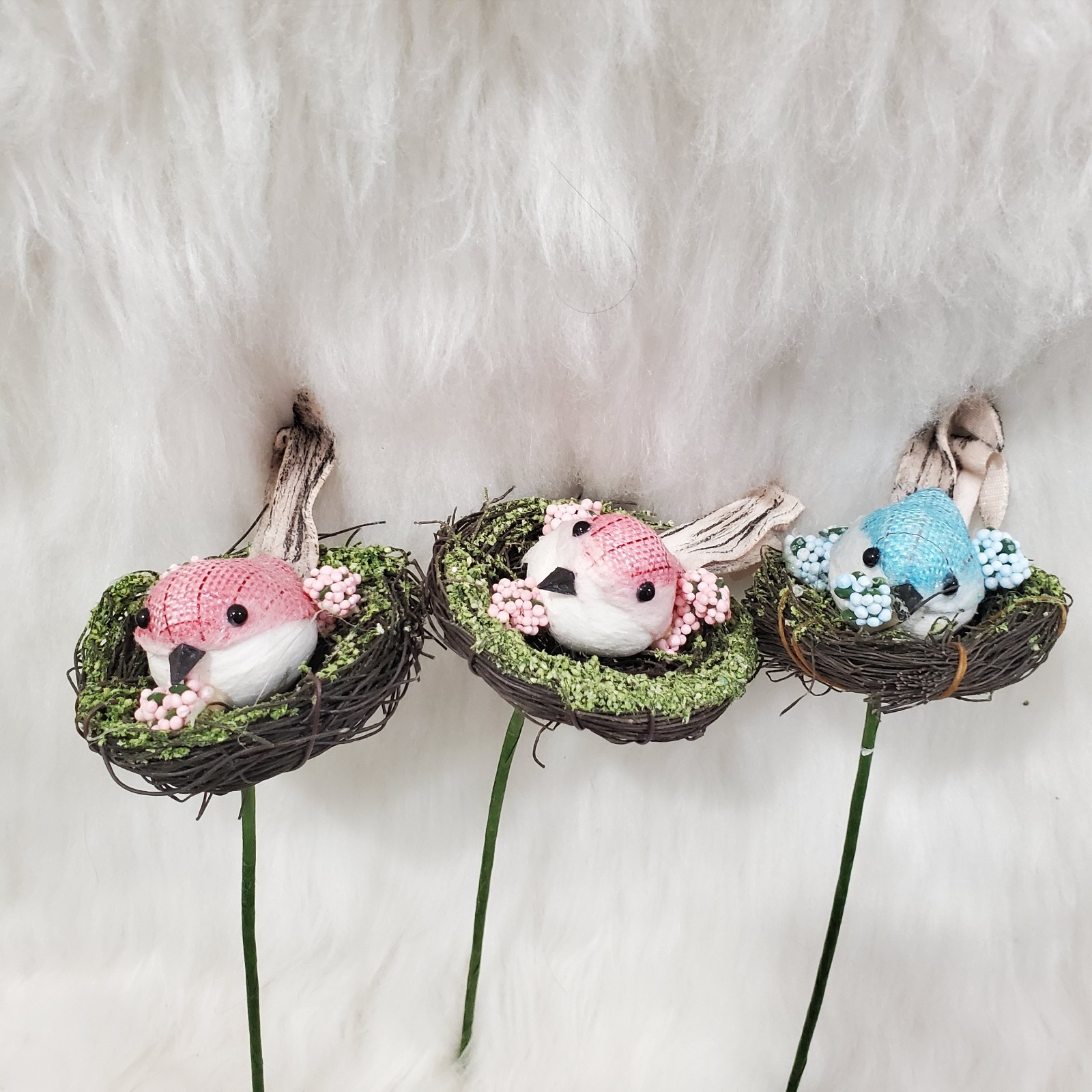 Artificial Bird Nest Floral Picks Set of 3 Pink Blue Birds Flowers Branch Twig