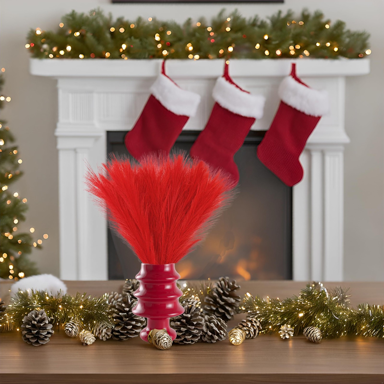 Red Silk Pampas Grass Bouquet 20 Stems 17.7in Fluffy Artificial Pampas with B…