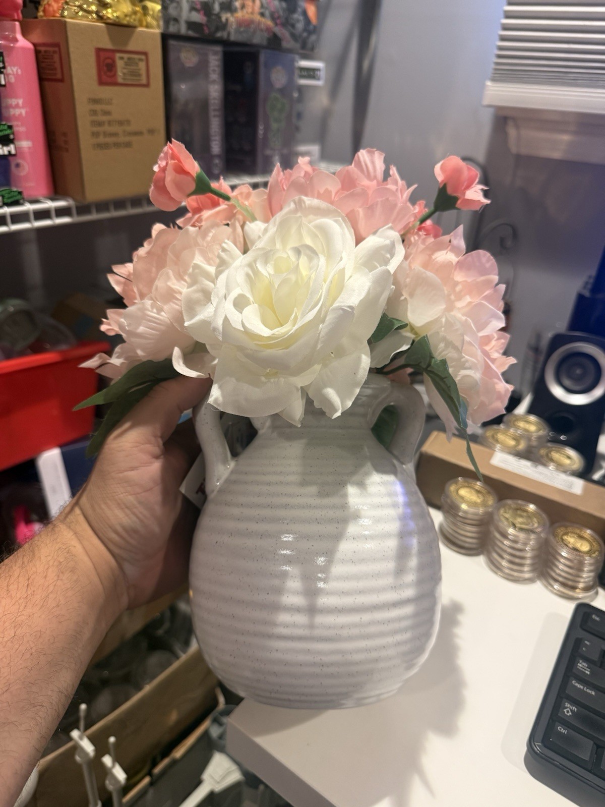🌺 Artificial 🌹 Roses Peony Flowers Arrangement Double Handle Ceramic Vase 🆕