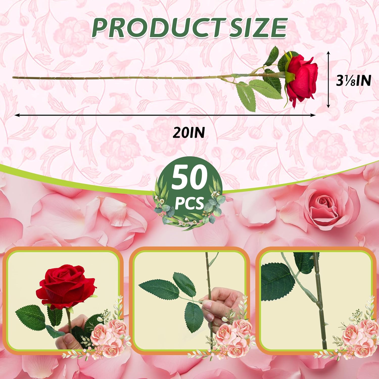 50 PCS Artificial Red Roses – Realistic Silk Flowers for Weddings & Home Decor