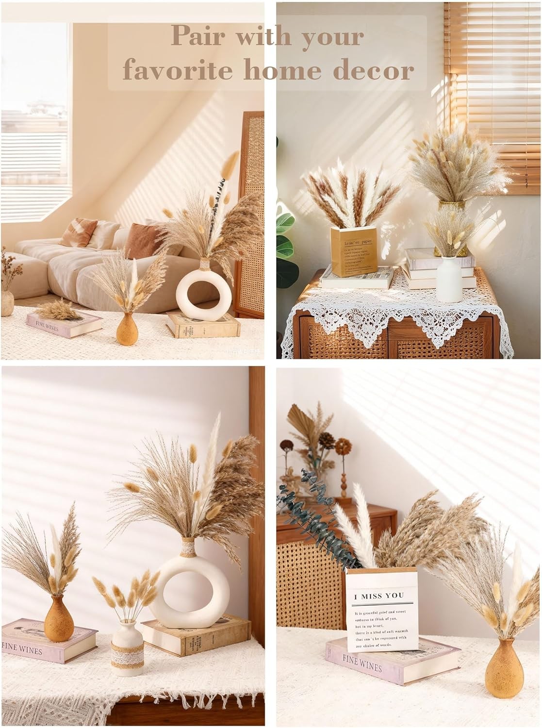 120 Pcs Dried Pampas Grass Dried Flowers Reed Grass Bouquet Rustic Light Brown