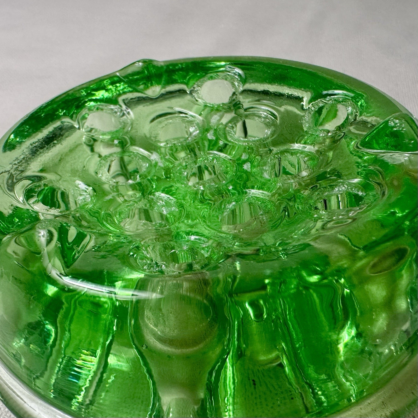 Vintage Vaseline Uranium Glass 13 holes 4 Inch Flower Frog UV Glows Green