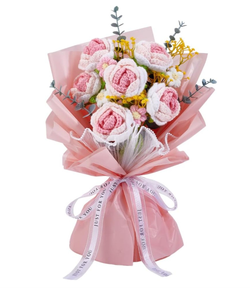 Handmade Gift for Valentine’s Day Crochet Flower Bouquet Pink Gradient Rose
