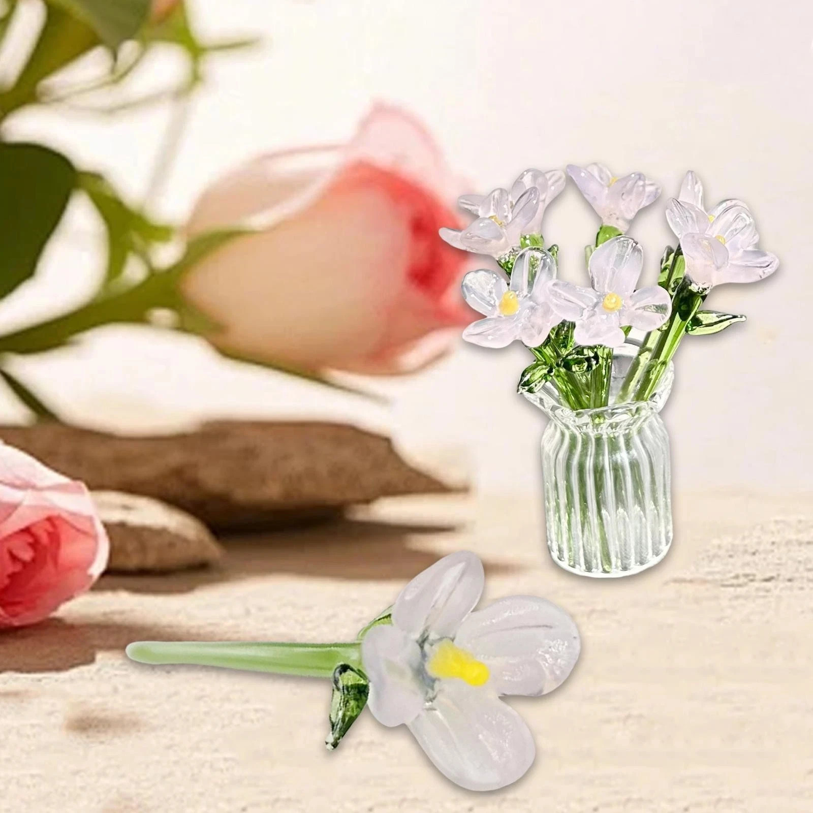 Miniature Hand-Blown Glass Flower Bouquet in Tiny Clear Vase