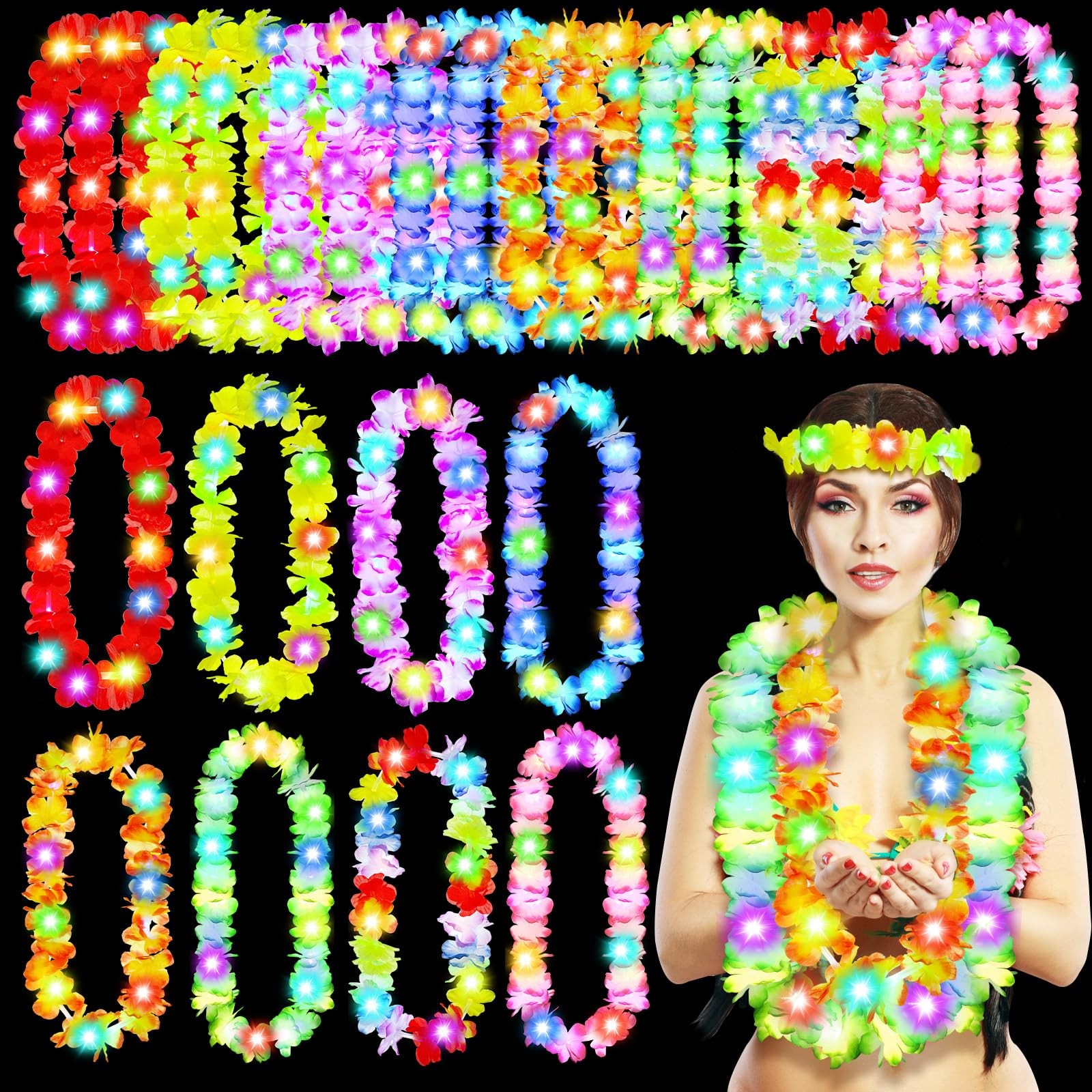 Giegxin 24 Pcs LED Hawaiian Lei Light up Flower Lei Tropical Glow Necklaces L…