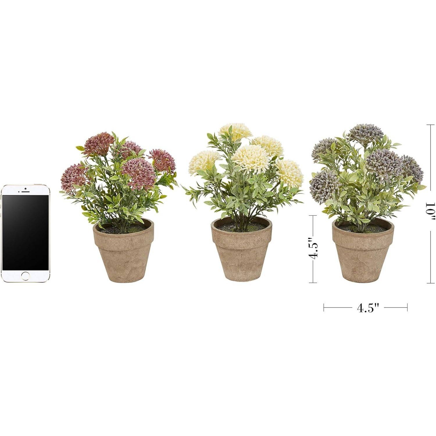 Set of 3 Faux Flowers 10in Artificial Floral Arrangement in Pots Pure Garden