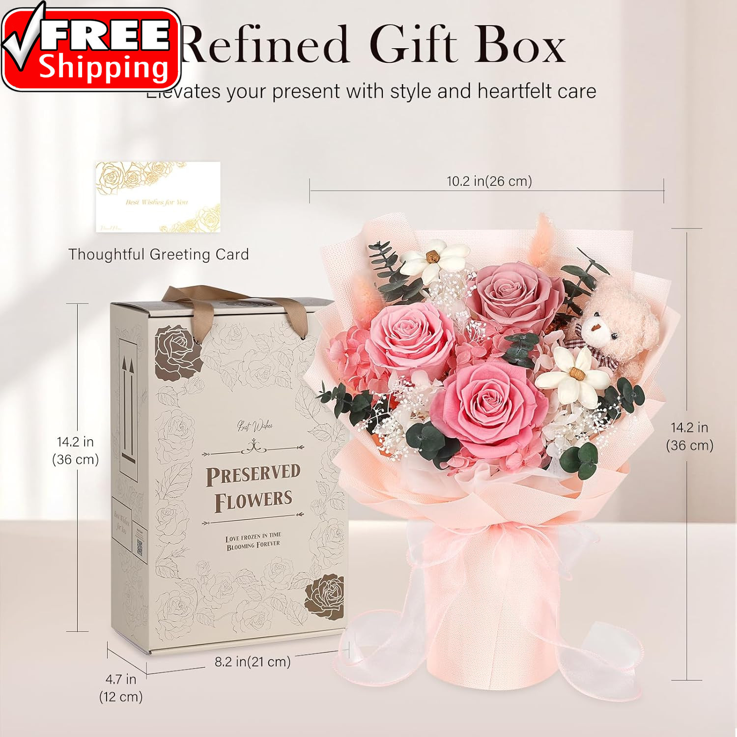 Preserved Flowers Bouquet with Bear, 3 Real Forever Flowers for Delivery, Long-L