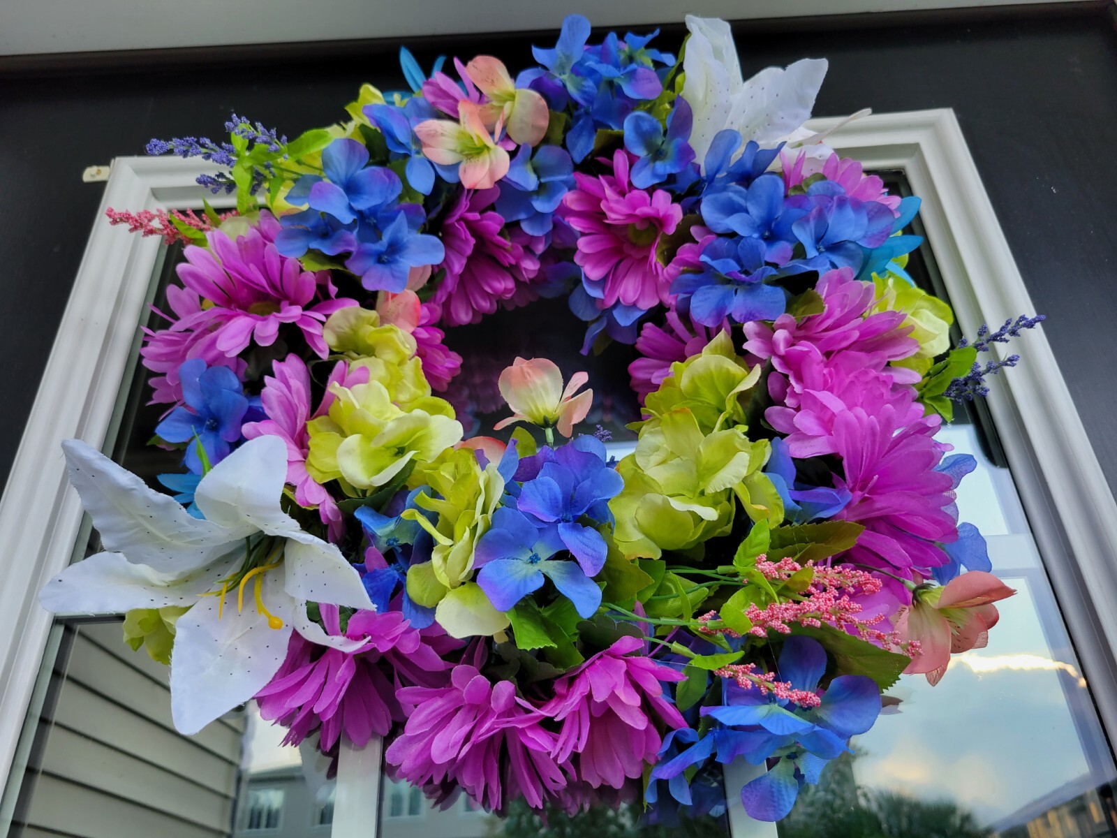 FLORAL one of a kind WREATH flowers Decor Front Door 16″ purple blue pink new