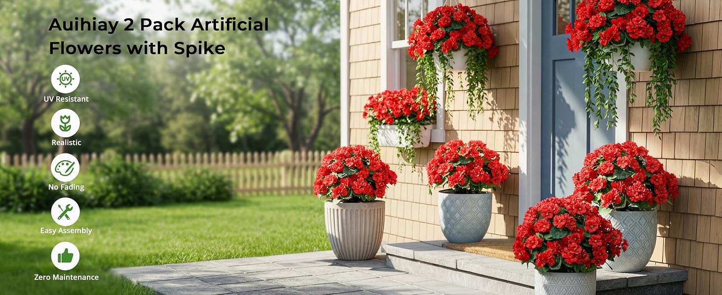 2 Set 24″ Artificial Geraniums with Stakes Outdoor, UV Resistant Artificial