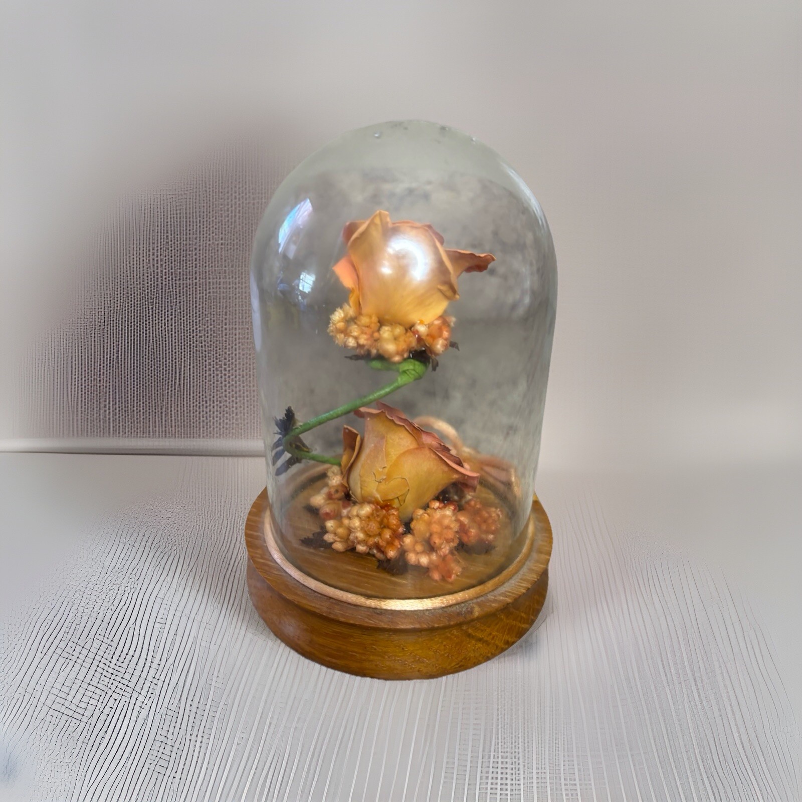 Vtg Globe Rose In Glass Dome Display With Wooden Base 5″ x 3.75″ x 3.75″