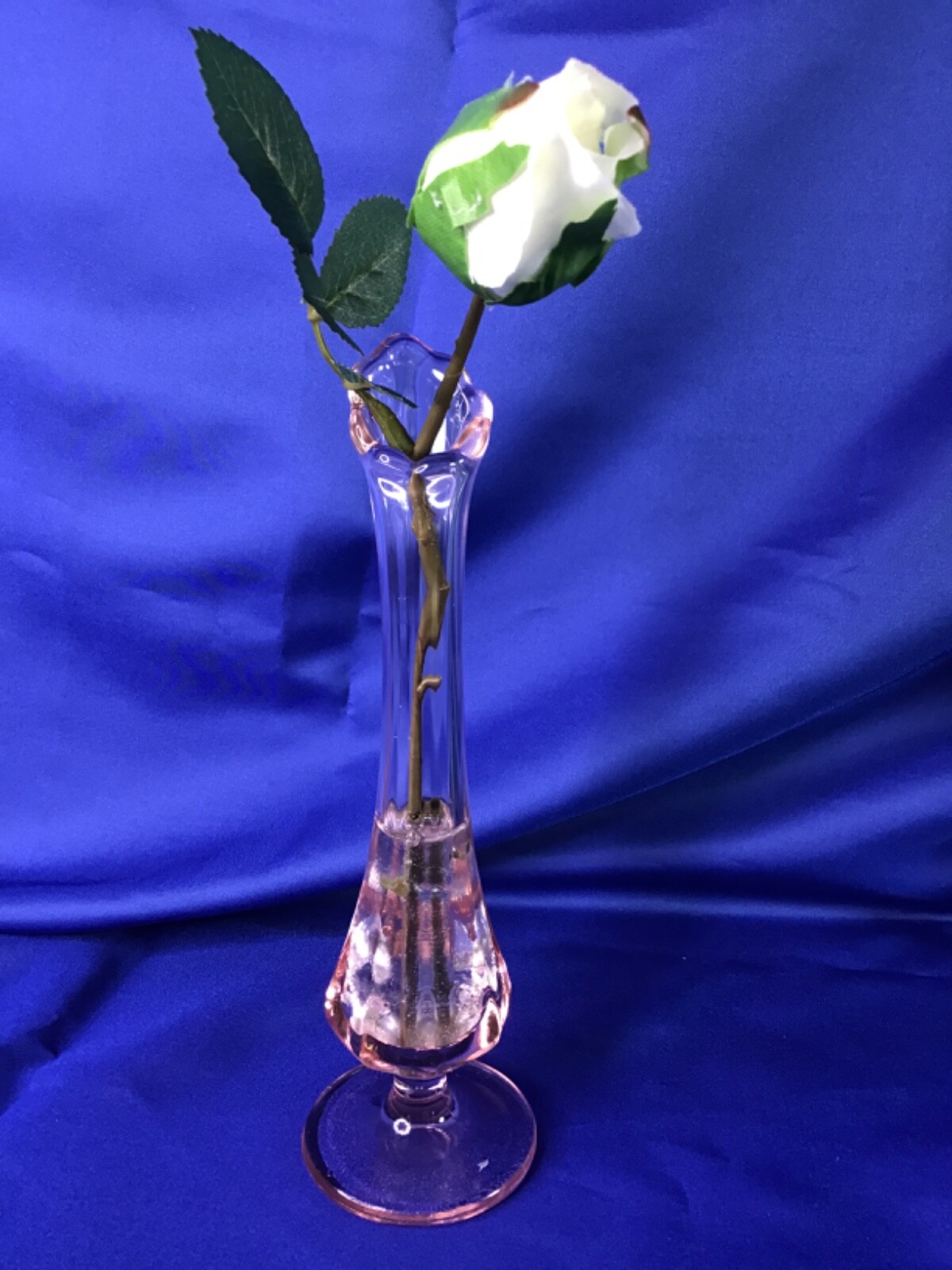 Vintage Pink Vase with White Rose Bud Flower Arrangement in Faux Water