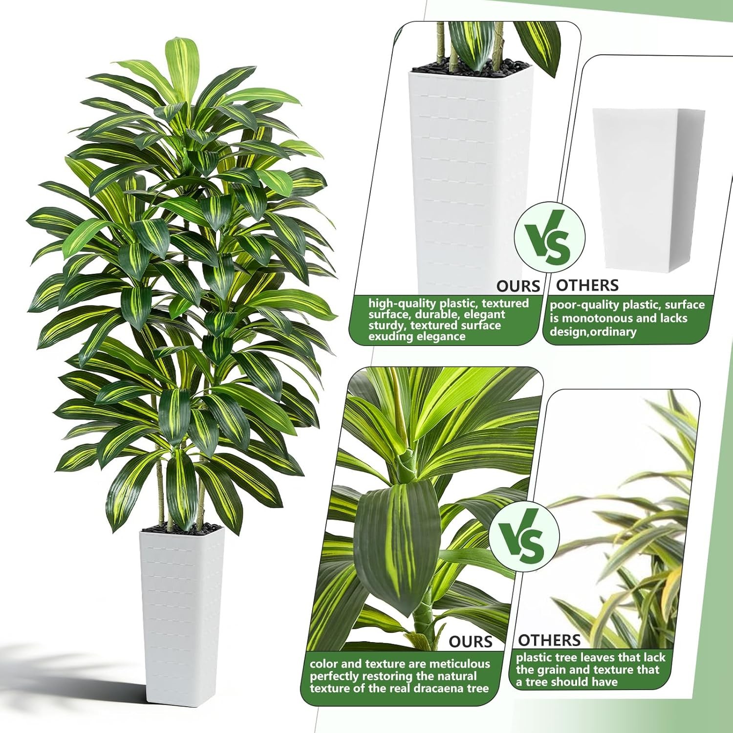 Artificial Dracaena Tree – 7FT Tall Fake Plants with White Tall Planter