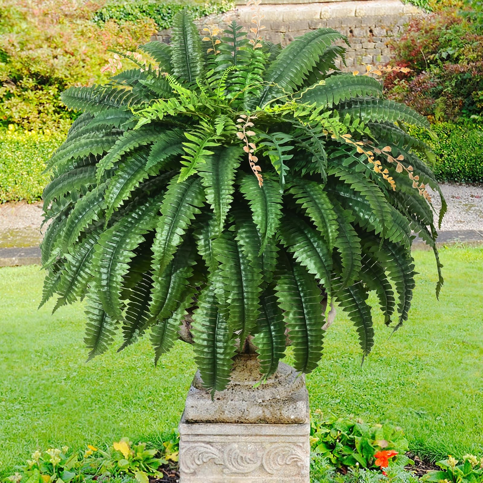 48″ Realistic UV Resistant Faux Boston Ferns – 128 Leaves for Outdoor Planters,
