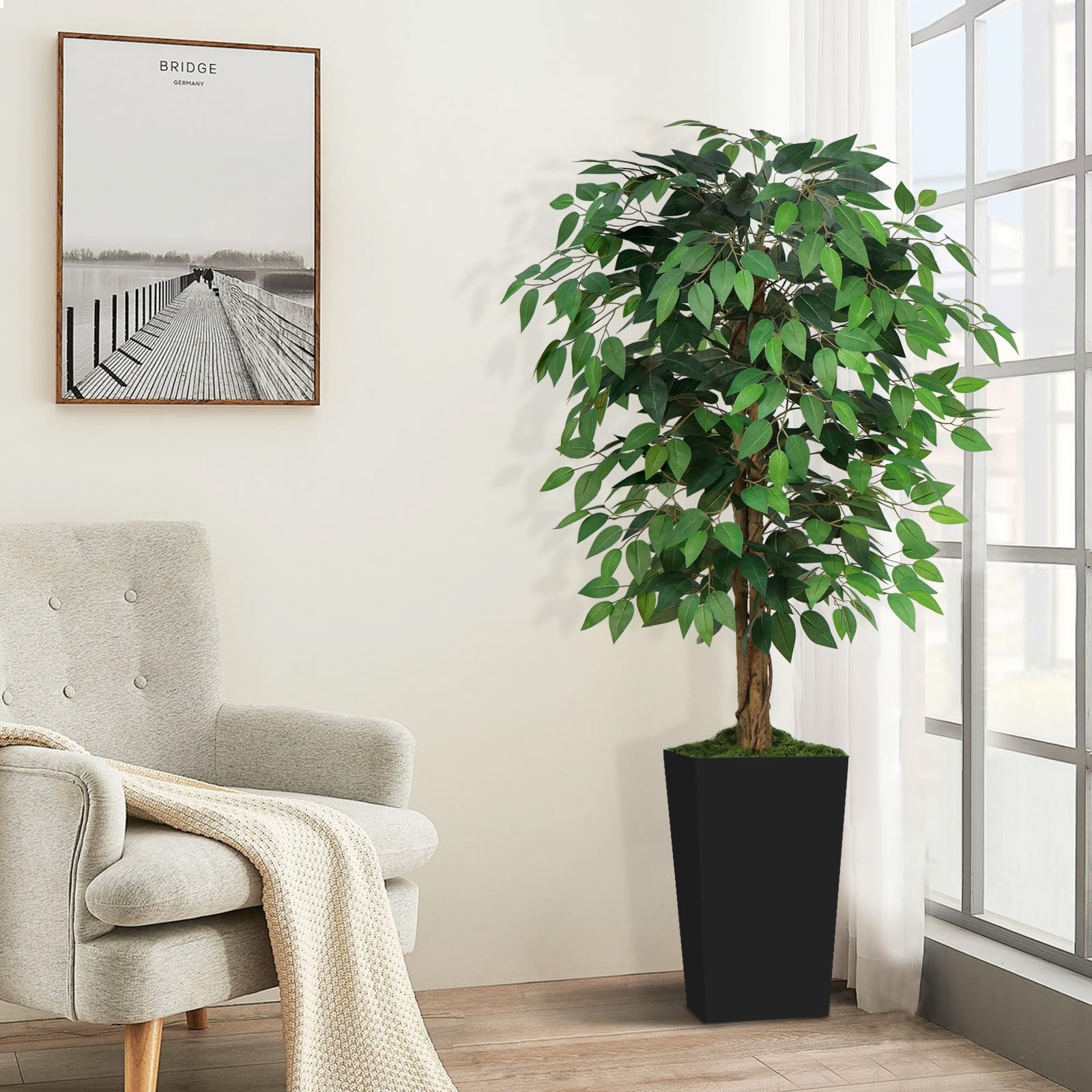 Keeplush 5ft Ficus Artificial Tree with 3 Natural Curved Trunks, 60″ Tall Lus…