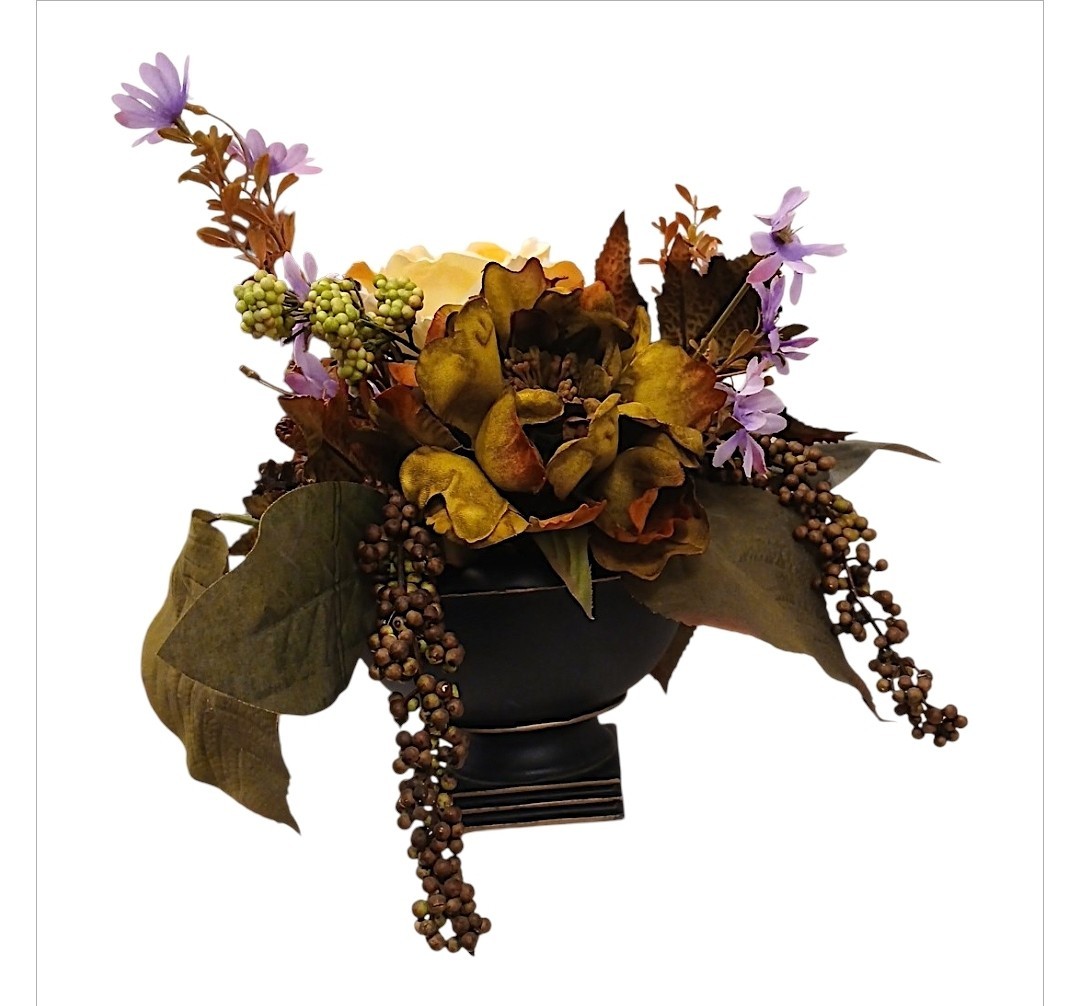 English Yellow Rose Autumn Floral Arrangement Dark Academia Bouquet Ceramic Vase