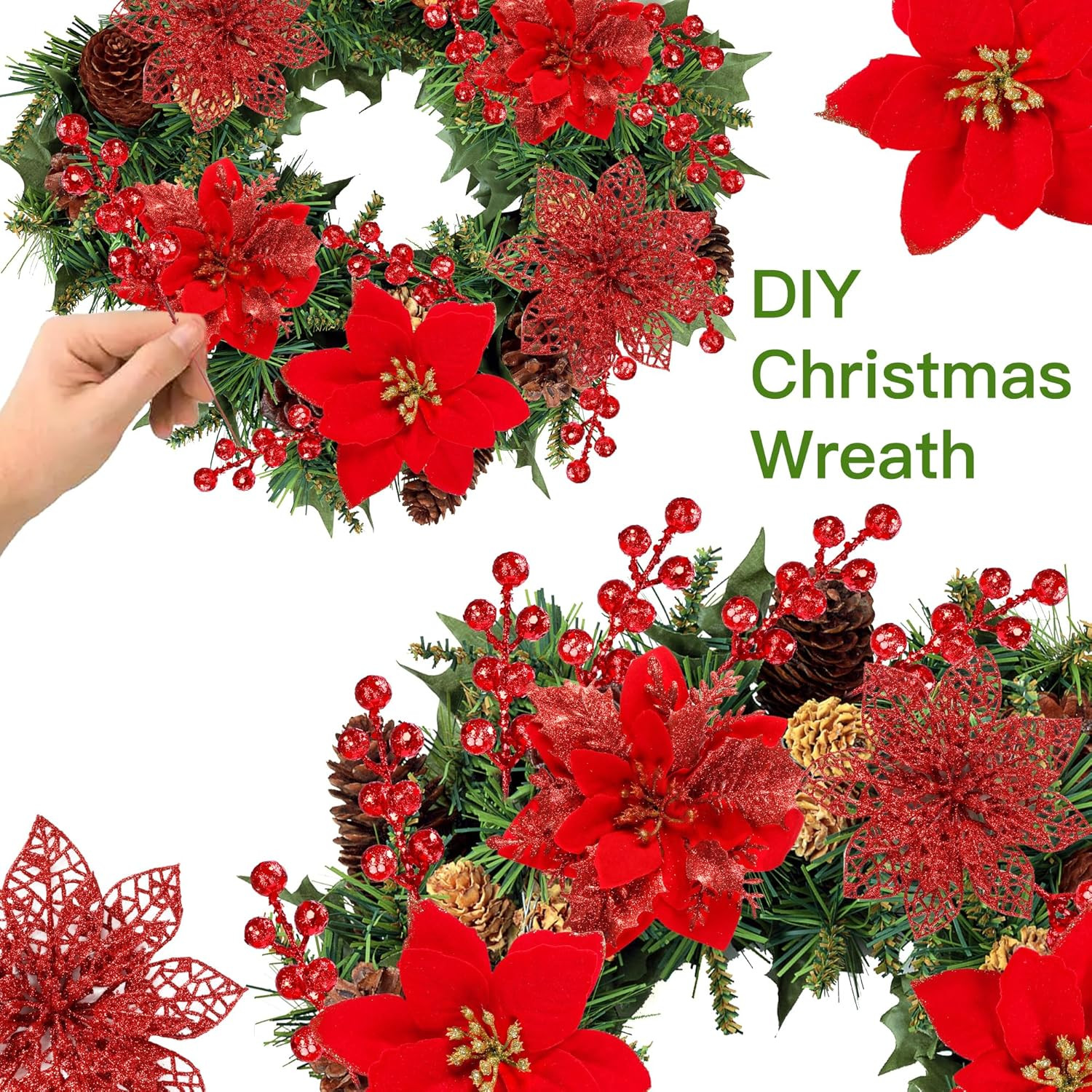 30 Pcs 3 Styles Christmas Glitter Poinsettia Flowers Artificial Berry Picks Chri