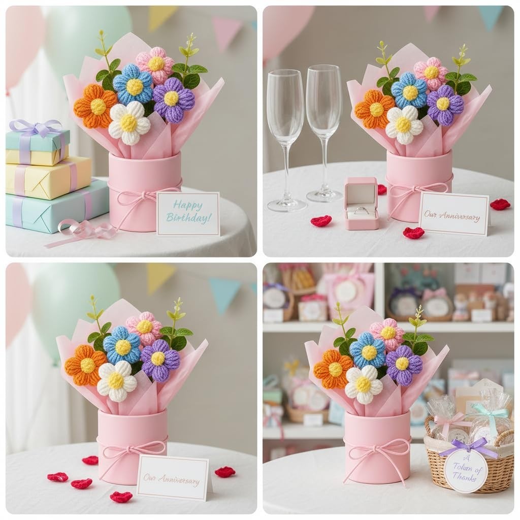 Colorful Handmade Mini Flower Bouquet Gift – Crochet Artificial Flowers in Pot