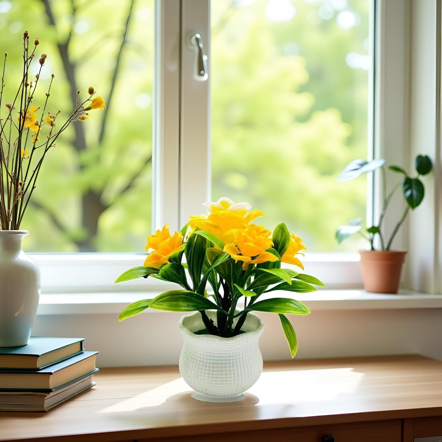 Yellow Faux Roses – 5-Petal Bloom Potted Arrangement for Home/Wedding/Garden …