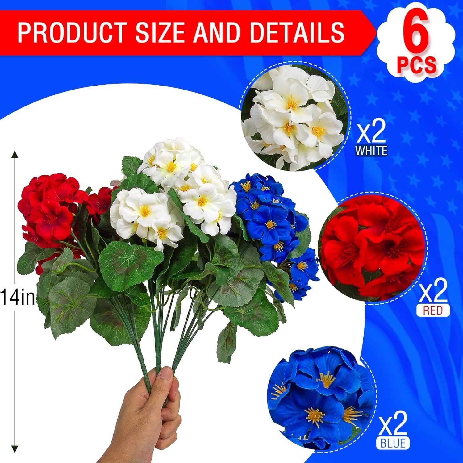 Artificial Geranium Flowers 6 Pcs UV Resistant RedWhiteBlue