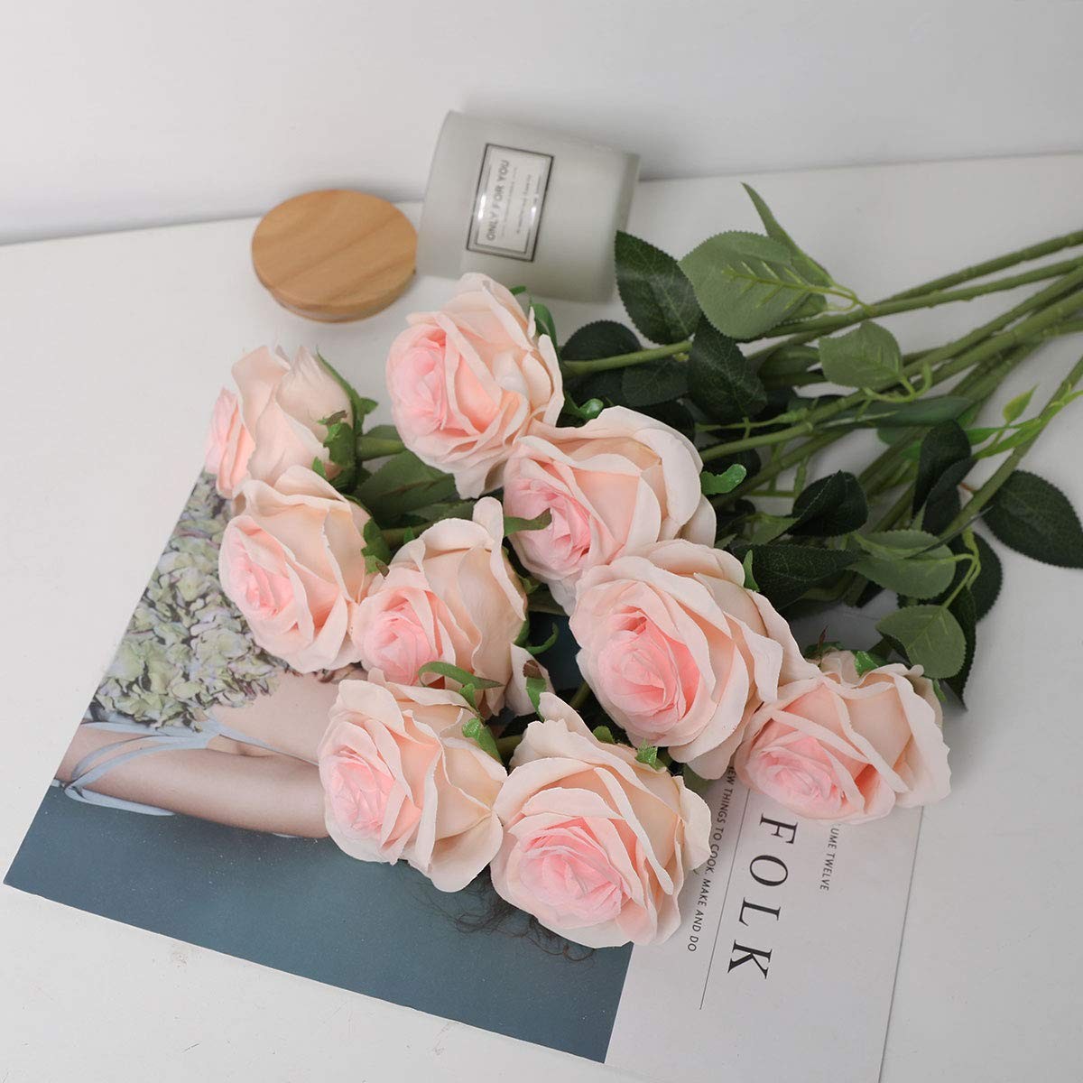 10 PCS Light Pink Lifelike Fake Silk Rose Flower Bouquet Wedding Gift Decor