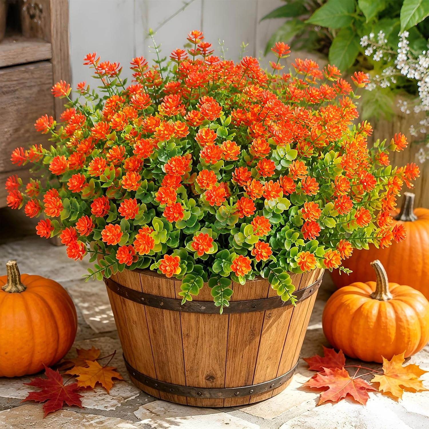 24 Pcs Artificial Mums for Outdoors, Fall Flowers (Orange Red) | No Fade Fake Pl