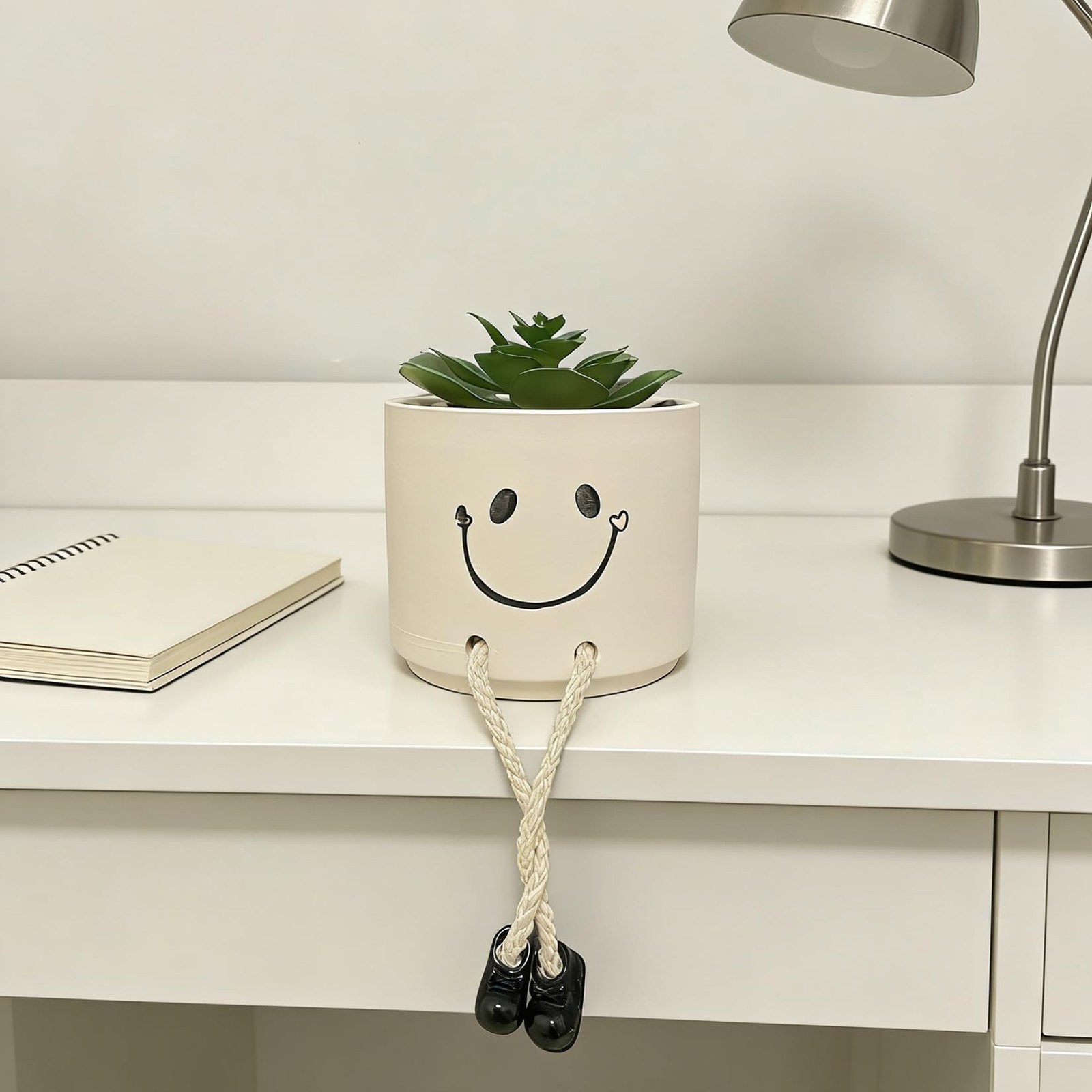 Small Fake Plants Office Decor, Cute Smiling Ceramics Planter with Artificial…