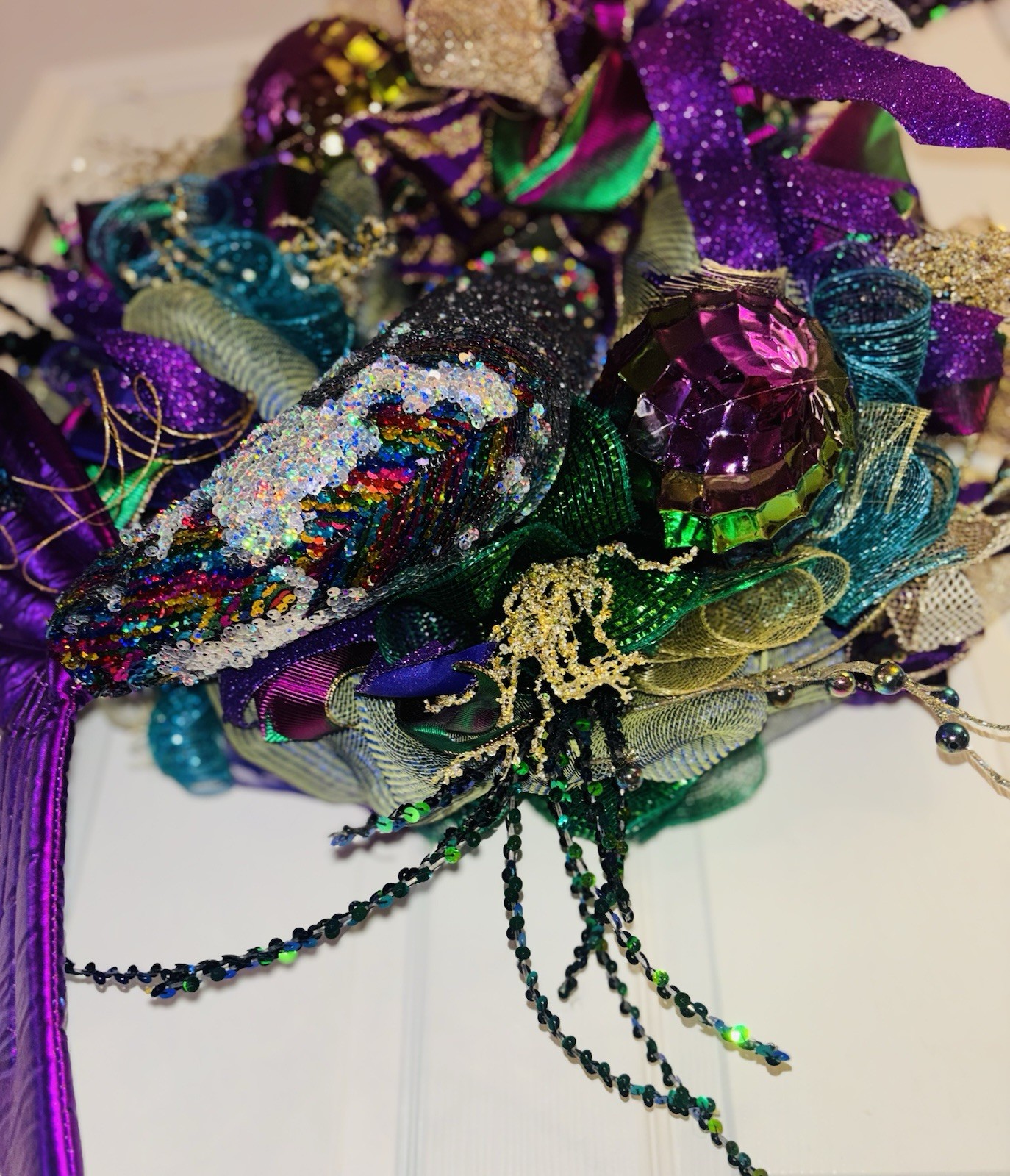 Mardi Gras Wreath Extra Large With Mermaid Tail and Fleur De Lis Handmade Deco