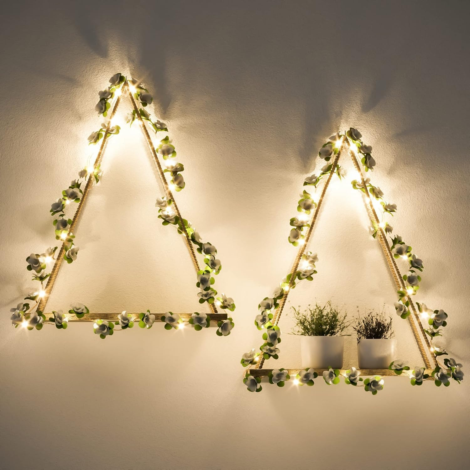 Artificial White Flower Garland with LED-Strip Wall Hanging Shelves Set of 2, Bo