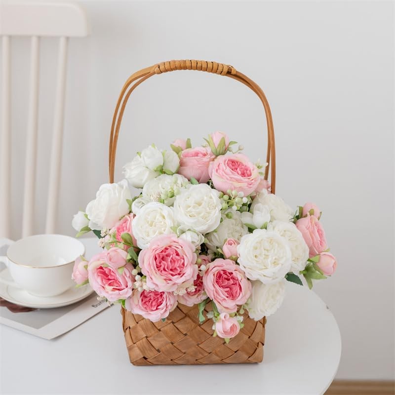 4 Bundles Peonies Artificial Silk Flowers, Pink White Fake Peony Flowers Bouq…